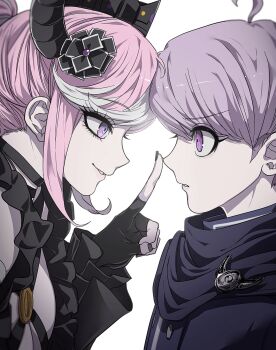 1boy 1girl ahoge black_gloves black_jacket black_nails breasts cleavage crown eye_contact finger_to_another&#039;s_nose fingerless_gloves gloves grey_hair hair_ornament heoli_(dangan_waist) highres horns jacket lips looking_at_another master_detective_archives:_rain_code multicolored_hair parted_lips pink_eyes pink_hair profile purple_eyes shinigami_(rain_code) short_hair simple_background streaked_hair teeth upper_body white_background yuma_kokohead