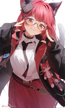 1girl adjusting_eyewear animal_ear_fluff animal_ears belt black-framed_eyewear black_belt black_necktie blunt_bangs blush brown_eyes cat_ears cat_girl cat_hair_ornament cat_tail commentary corrupted_twitter_file cowboy_shot cryne fingerless_gloves fingernails gloves hair_ornament hands_up head_tilt heart heart_print highres jacket long_fingernails long_hair looking_at_viewer nanally_(nte) necktie neverness_to_everness open_clothes open_jacket parted_lips red_hair red_skirt semi-rimless_eyewear shirt simple_background skirt solo sparkle standing tail teeth twitter_username white_background white_shirt x_hair_ornament