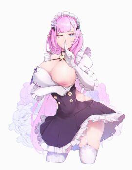 1girl ;) absurdres black_dress blue_eyes breasts clothing_cutout commentary_request cropped_legs dress elbow_gloves elf elysia_(honkai_impact) elysia_(miss_pink)_(honkai_impact) elysia_(miss_pink_elf)_(honkai_impact) fake_horns finger_to_mouth garter_straps gloves highres honkai_(series) honkai_impact_3rd horns inverted_nipples kruup large_breasts long_hair looking_at_viewer maid maid_headdress nipples official_alternate_costume one_breast_out one_eye_closed pink_hair pointy_ears shushing side_cutout simple_background smile solo thighhighs thighs very_long_hair white_background white_garter_straps white_gloves white_thighhighs