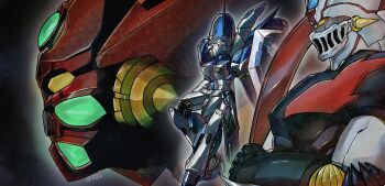 armor black_armor blue_armor char's_counterattack char's_counterattack_-_beltorchika's_children commentary crossed_arms flying from_side full_body getter_emperor getter_robo gundam hi-nu_gundam highres mazinger_(series) mazinger_zero_(mecha) mecha mecha_focus mobile_suit multicolored_armor profile red_armor ringed_eyes robot shin_getter_robo shin_mazinger_zero space star_(sky) super_robot super_robot_wars upper_body user_haay5824 white_armor yellow_eyes