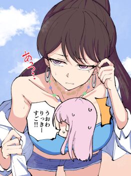 2girls absurdres bang_dream! bang_dream!_it&#039;s_mygo!!!!! bikini black_hair blue_bikini blue_shorts censored character_censor chihaya_anon commentary_request earrings highres jewelry leaning_forward long_hair multiple_girls novelty_censor open_mouth ponytail purple_eyes shiina_taki shorts strapless strapless_bikini sweat swimsuit translation_request zannen_hero