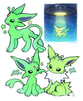 abduction alien alienposting_(meme) alternate_color black_eyes commentary espeon flying_saucer foxlett full_body gen_1_pokemon gen_2_pokemon highres jolteon looking_at_another meme multiple_views nintendo no_humans open_mouth pokemon pokemon_(creature) shiny_pokemon simple_background sitting smile spacecraft standing star_(sky) star_(symbol) ufo white_background