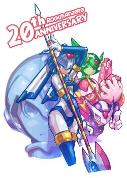 1girl 4boys absurdres armor blue_eyes copy_x_(mega_man) eye_mask facial_mark fairy_leviathan_(mega_man) fighting_fefnir_(mega_man) green_eyes helmet hidden_phantom_(mega_man) highres javelin mask mega_man_(series) mega_man_x_(series) mega_man_x_dive mega_man_zero_(series) multiple_boys ninja pirohiponotic purple_eyes red_eyes sage_harpuia_(mega_man) weapon x_(mega_man)