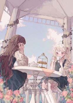 2girls black_dress black_nails blonde_hair blue_sky blurry blurry_foreground blush bow brown_hair chair closed_eyes cloud collared_shirt cup curusucururi dress dress_bow drinking elbows_on_table feet_out_of_frame flower food gazebo hair_flower hair_ornament hair_ribbon hands_up hashtag-only_commentary head_on_hands head_rest highres holding holding_cup kneehighs long_hair long_sleeves looking_down multiple_girls nail_polish on_chair original outdoors petticoat pinafore_dress pink_eyes plant puffy_long_sleeves puffy_sleeves red_flower ribbon rose shirt signature sitting sky sleeveless sleeveless_dress socks sweets swept_bangs table tablecloth teacup teapot tiered_tray two_side_up vines watermark white_nails white_ribbon white_shirt white_socks