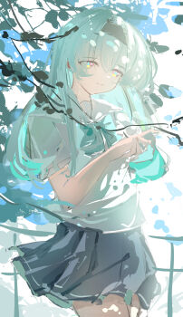 1girl absurdres black_hairband bow bowtie branch closed_mouth cloud collared_shirt firefly_(honkai:_star_rail) gradient_hair green_bow green_bowtie green_pupils grey_hair grey_skirt hair_between_eyes hair_intakes hairband highres honkai:_star_rail honkai_(series) hua_(yijing) leaf long_hair multicolored_eyes multicolored_hair pleated_skirt sailor_collar shirt skirt smile solo white_sailor_collar white_shirt