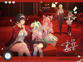 3d 5girls absurdres angels_of_delusion aria_(human)_(zenless_zone_zero) aria_(zenless_zone_zero) astra_yao black_hair blonde_hair blush commentary crossed_legs embarrassed english_commentary english_text evelyn_chevalier green_hair headpat height_difference highres idol multiple_girls nangong_yu official_art one_eye_closed pink_hair smile sunna_(zenless_zone_zero) sweatdrop zenless_zone_zero