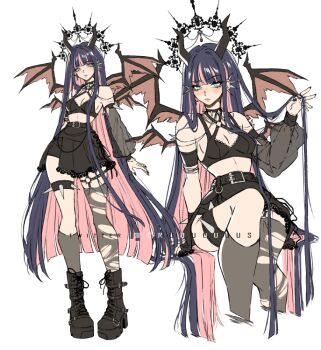 Rule 34 | armband, black armband, black boots, black bra, black choker, black skirt, blunt bangs, blunt ends, boots, bra, breasts, choker, cleavage, cocked eyebrow, criis-chan, demon wings, detached sleeves, feet out of frame, full body, green eyes, halo, hand in own hair, horns, long hair, medium breasts, midriff, miniskirt, multicolored hair, multiple views, panty &amp; stocking with garterbelt, pink hair, purple hair, see-through clothes, see-through sleeves, sidelocks, single detached sleeve, sitting, skirt, spiked choker, spiked ear piercing, spiked thigh strap, spikes, standing, stocking (psg), thighhighs, torn clothes, torn thighhighs, twitter username, two-tone hair, underwear, very long hair, wings