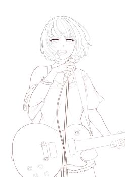 1girl bang_dream! bracelet cable choker commentary_request guitar guitar_strap highres holding holding_guitar holding_instrument holding_microphone instrument jewelry lineart microphone microphone_stand mitake_ran off_shoulder open_mouth short_hair short_sleeves shorts solo sunnysalt_08 tank_top teeth unfinished upper_teeth_only