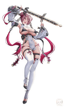 1girl absurdres breasts commentary_request covered_navel detached_sleeves double_bun full_body hair_bun hair_extensions highres holding large_breasts long_sleeves looking_at_viewer love_cacao md5_mismatch original pelvic_curtain pink_hair red_eyes resolution_mismatch simple_background skindentation solo source_smaller thighs underboob weapon white_background