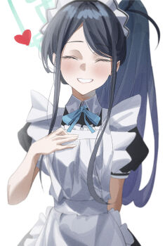 Rule 34 | 1girl, apron, aris (blue archive), aris (maid) (blue archive), arm behind back, black dress, blue archive, blue halo, blush, closed eyes, commentary request, dress, grin, halo, hand on own chest, highres, kangshi, long hair, maid, maid apron, maid headdress, official alternate costume, official alternate hairstyle, side ponytail, sleeveless, sleeveless dress, smile, solo