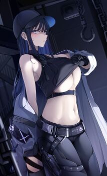 1girl absurdres annoyed armband bare_shoulders baseball_cap belt black_belt black_gloves black_hair black_hat black_pants black_shirt blue_archive blue_eyes breasts buckle chain chest_harness clothes_lift coat crop_top ddangbi gloves harness hat highres holster hook knife_sheath large_breasts legs lifting_own_clothes long_hair looking_at_viewer mask midriff mouth_mask navel off_shoulder pants saori_(blue_archive) sheath shirt shirt_lift sleeveless sleeveless_shirt solo teasing thigh_holster thighs toned underboob underbust white_coat
