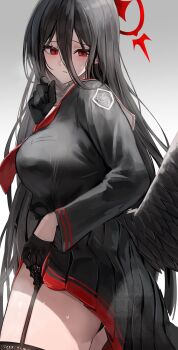 1girl absurdres black_gloves black_hair black_serafuku black_wings blue_archive breasts commentary garter_straps gloves hair_between_eyes half_gloves halo hana_hebi hasumi_(blue_archive) highres large_breasts long_hair long_sleeves looking_at_viewer neckerchief red_halo red_neckerchief revision school_uniform serafuku simple_background solo thighs white_background wings