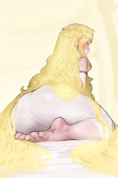 Rule 34 | 1boy, absurdres, ass, bare shoulders, barefoot, blonde hair, blush, braid, circlet, dress, ekrea jan, elden ring, feet, foreshortening, from behind, full body, gold circlet, highres, impossible clothes, impossible dress, long hair, looking at viewer, looking back, male focus, miquella (elden ring), sidelocks, simple background, soles, solo, toes, trap, very long hair, white dress, yellow eyes