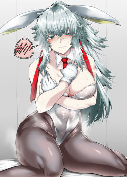 animal_ears black_pantyhose blush breasts cleavage collarbone commentary_request fate/samurai_remnant fate_(series) glasses gloves green_eyes grey_hair highres large_breasts long_hair looking_at_viewer lying necktie on_back pantyhose playboy_bunny ponytail rabbit_ears red_necktie tgxx3300 white_gloves yui_shousetsu_(fate)