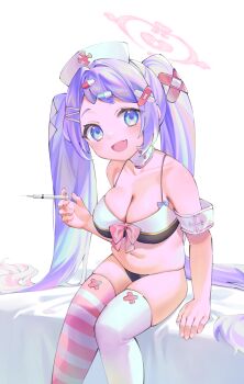 1girl absurdres armband bandaid bandaid_hair_ornament bikini blue_archive blue_eyes blush breasts cleavage hair_ornament hairclip halo hanae_(blue_archive) hat highres holding holding_syringe large_breasts long_hair looking_at_viewer multicolored_hair nurse_cap open_mouth pill_hair_ornament pink_hair purple_hair simple_background sitting solo striped_clothes striped_thighhighs swimsuit syringe thighhighs twintails very_long_hair white_armband white_background yu1_na12
