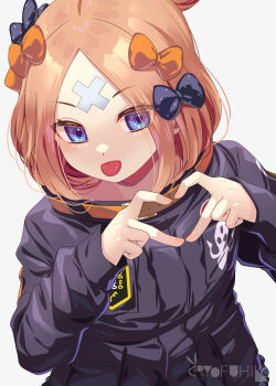 1girl abigail_williams_(fate) abigail_williams_(traveling_outfit)_(fate) bandaid bandaid_on_face bandaid_on_forehead belt black_bow black_jacket blonde_hair blue_eyes bow breasts commentary_request crossed_bandaids fate/grand_order fate_(series) forehead hair_bow hair_bun heart heart_hands high_collar jacket long_hair long_sleeves orange_belt orange_bow parted_bangs ryofuhiko small_breasts solo tongue tongue_out