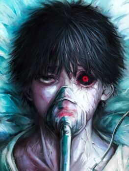 1boy absurdres bed black_eyes black_hair black_sclera collarbone colored_sclera dilated_pupils heterochromia highres hospital hospital_bed hospital_gown kaneki_ken looking_at_viewer lying male_focus mask mismatched_sclera neck on_back on_bed oxygen_mask pillow realistic red_eyes respirator short_hair solo tokyo_ghoul tube veins xa8uofivf2mcart