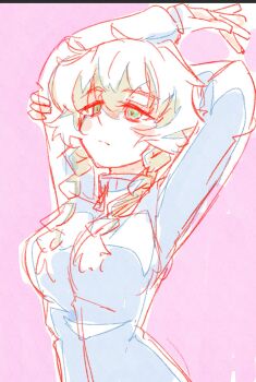 1girl alternate_eye_color amane_suzuha arms_up blue_jacket braid breasts brown_hair green_eyes hair_between_eyes hair_tie high_collar highres jacket long_hair long_sleeves medium_breasts sadarann science_adventure solo steins;gate stretching track_jacket twin_braids twintails zipper zipper_pull_tab