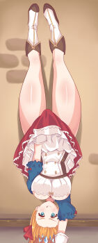 1girl absurdres ayannon_yumme blue_eyes blush boots breasts cleavage crown dress frilled_dress frills gloves hair_ribbon handstand highres large_breasts lycoris_challenge_(meme) lycoris_recoil meme orange_hair parody pecorine_(princess_connect!) princess_connect! red_ribbon ribbon scene_reference thick_thighs thighs tongue tongue_out upside-down white_footwear white_gloves