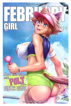 1girl 2018 animal_ears ass blue_eyes blue_sky blue_sports_bra blush border bottle breasts brown_hair commentary cowboy_shot crop_top day dog_ears dog_girl dog_tail earbuds earphones earphones_on_animal_ears english_commentary english_text exercising february from_behind green_shorts hat krabbytheartist large_breasts looking_at_viewer looking_back monster_musume_no_iru_nichijou open_mouth outdoors painttool_sai_(medium) patreon_username pink_hat polt short_hair shorts sky smile solo sports_bra tail visor_cap water_bottle watermark web_address weightlifting white_border