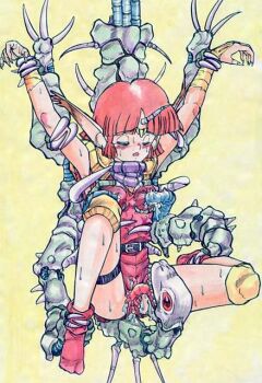 1girl alien bdsm blush bondage bound bound_legs breast_sucking breasts breasts_squeezed_together cham closed_eyes cunnilingus feet female_focus forced holding_legs horns machine monster oral red_hair restrained sex_machine short_hair single_horn socks solo spark_utamaro spread_legs sweat torture valis valis_iii valis_iv