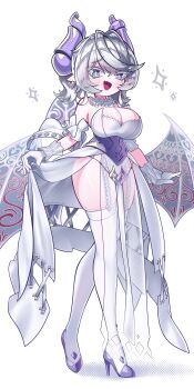 1girl absurdres bare_shoulders breasts cleavage commentary_request dress drill_hair duel_monster fang full_body garter_straps grey_eyes grey_hair highres hyeonin_gentora large_breasts lovely_labrynth_of_the_silver_castle medium_breasts open_mouth simple_background skin_fang smug solo standing strapless strapless_dress thighhighs twin_drills white_background white_dress white_thighhighs white_wings wings yu-gi-oh!
