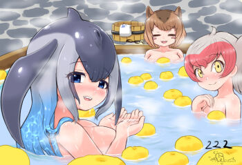 3girls animal_ears bath bathing blowhole blue_eyes blue_hair blue_whale_(kemono_friends) blush breasts brown_hair bucket capybara_(kemono_friends) capybara_ears capybara_girl closed_eyes completely_nude dorsal_fin extra_ears fins grapefruit grey_hair head_fins japanese_macaque_(kemono_friends) japari_symbol kemono_friends large_breasts long_hair looking_at_viewer monkey_ears monkey_girl multicolored_hair multiple_girls nude onsen open_mouth outdoors partially_submerged pink_hair shared_bathing short_hair sitting smile steam tame_(sld8zoczefz9aau) towel water wet whale_girl wooden_bucket yellow_eyes