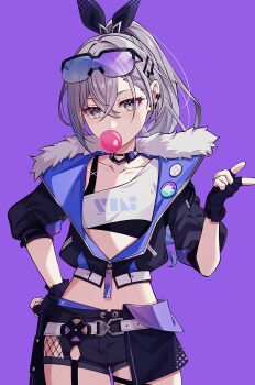 1girl black_gloves black_jacket black_ribbon black_shorts chewing_gum commentary_request crop_top earrings eyewear_on_head fingerless_gloves fur-trimmed_jacket fur_trim gloves gradient-tinted_eyewear grey_eyes grey_hair hair_between_eyes hair_ribbon highres honkai:_star_rail honkai_(series) jacket jewelry long_hair long_sleeves midriff pochimaru_(marumaru_wanwan) ponytail purple-tinted_eyewear purple_eyes ribbon shirt shorts silver_wolf_(honkai:_star_rail) single-shoulder_shirt solo tinted_eyewear white_shirt