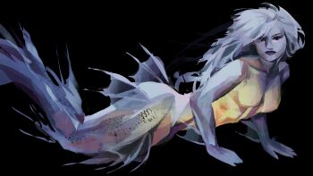 1girl arm_fins black_background black_eyes black_lips colored_skin commentary expressionless full_body glowing highres long_hair looking_at_viewer mermaid monster_girl nude original painterly purple_skin simple_background solo symbol-only_commentary twulfs white_hair