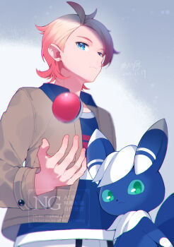 1boy absurdres ahoge blonde_hair blue_eyes blue_shirt brown_jacket closed_mouth commentary_request gen_6_pokemon highres jacket long_sleeves male_focus meowstic meowstic_(male) mochiko_tsuru nintendo open_clothes open_jacket poke_ball poke_ball_(basic) pokemon pokemon_(creature) pokemon_legends:_z-a print_shirt shirt urbain_(pokemon) watermark