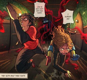 1boy 1girl absurdres brown_eyes brown_hair brown_hoodie brown_pants catnap_(poppy_playtime) chasing colored_smoke commentary english_commentary english_text fleeing glasses glowing glowing_eyes grabpack_(poppy_playtime) hallway highres hood hood_down hoodie horror_(theme) indoors long_sleeves monster motion_lines open_clothes open_hoodie pants poppy_playtime red_shirt running shirt smoke speech_bubble speed_lines sweat thirdphp very_sweaty wall_lamp white_eyes wide-eyed