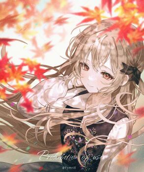 1girl blurry blurry_foreground brown_eyes brown_hair closed_mouth commission copyright_request fymrie hand_up leaf long_hair long_sleeves maple_leaf solo twitter_username upper_body watermark wind