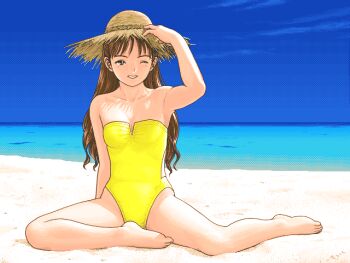 Rule 34 | 1990s (style), 1girl, adjusting clothes, adjusting headwear, archived source, arm behind back, arm support, arm up, armpits, bare arms, bare legs, bare shoulders, barefoot, beach, blue sky, breasts, brown eyes, brown hair, character request, commentary request, copyright request, dappled sunlight, dithering, full body, hand on ground, hat, highleg, highleg one-piece swimsuit, long hair, looking at viewer, ocean, on ground, one-piece swimsuit, one eye closed, original, pc-98 (style), pixel art, retro artstyle, sand, sitting, sky, small breasts, solo, straight-on, strapless, strapless one-piece swimsuit, straw hat, sunlight, swimsuit, teeth, teiku (take), wavy hair, yellow one-piece swimsuit