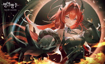 Rule 34 | 1girl, absurdres, arknights, arknights: endfield, bare shoulders, black dress, black gloves, black horns, breasts, cleavage, commentary request, demon girl, demon horns, dress, gloves, hair between eyes, hair intakes, hanlemia, highres, horns, laevatain (arknights), looking at viewer, medium breasts, purple eyes, red hair, sideless dress, solo, surtr (arknights), upper body