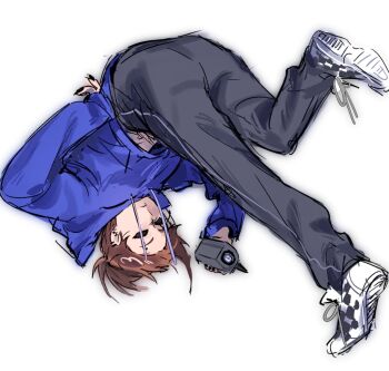 Rule 34 | 1girl, animification, black nails, black pants, blue hoodie, brown hair, camcorder, camera, checkered shoes, commentary, drawstring, eddsworld, english commentary, full body, giotletranly, highres, holding, holding camera, hollow eyes, hood, hoodie, looking at viewer, pants, ponytail, short hair, simple background, solo, tamara (eddsworld), video camera, white background