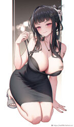 Rule 34 | 1girl, arm tattoo, black bra, black dress, black nails, bra, breasts, cleavage, closed mouth, d (killer wife) (nikke), d (nikke), dress, folded ponytail, full body, full nelson, glint, goddess of victory: nikke, hair ornament, hairclip, hayate (leaf98k), heart, heart necklace, highres, jewelry, kneeling, large breasts, large penis, looking at viewer, nail polish, necklace, penis, red eyes, ring, sidelocks, smile, solo, strap pull, tattoo, taut clothes, taut dress, toenail polish, toenails, underwear, variant set