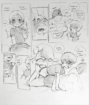 1boy 1girl blush bulge comic dolphin_shorts english_text feet heart hetero humping leg_lock monochrome motion_lines penis renocoffee shirt short_hair shorts shota speech_bubble spoken_heart t-shirt tagme thighs traditional_media