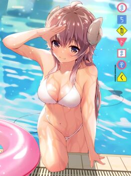 1girl ahoge alternate_costume arm_support bare_arms bare_shoulders bikini blush breasts brown_eyes brown_hair chuutaro_metal cleavage closed_mouth collarbone commentary copyright_name curled_horns day demon_girl demon_horns demon_tail eyelashes hair_between_eyes hair_over_shoulder hand_up horns innertube large_breasts leaning_forward looking_at_viewer machikado_mazoku navel outdoors pool poolside revision shading_eyes shiny_skin sidelocks smile solo split_mouth stomach swim_ring swimsuit tail thighhighs thighs wet white_bikini yoshida_yuuko