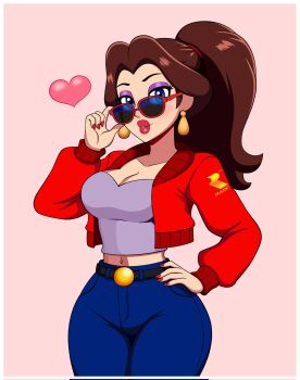 1girl blue_eyes breasts denim earrings hand_on_own_hip heart jacket jeans jewelry large_breasts lips long_sleeves mario_(series) nintendo pants pauline_(mario) ponytail sunglasses wide_hips woomy1010