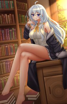 1girl ahoge arm_support bare_legs barefoot black_robe black_skirt blush book book_stack bookshelf bow breasts center_frills commentary crossed_legs elaina_(majo_no_tabitabi) english_commentary frilled_skirt frills grey_hair hair_between_eyes hand_up highres indoors kazenokaze long_hair long_legs long_sleeves majo_no_tabitabi medium_breasts off_shoulder open_clothes open_robe purple_eyes robe shirt sitting skirt sleeveless sleeveless_shirt solo sunlight sunset very_long_hair white_shirt window yellow_bow