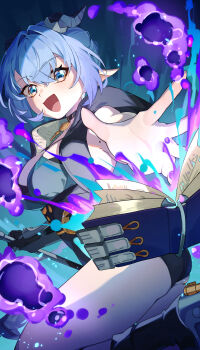 1girl absurdres animal_ears black_boots black_horns black_unitard blue_background blue_hair book boots breasts chawarabi choker cleavage commentary_request crossed_bangs from_side goat_ears goat_girl goat_horns hair_between_eyes hair_intakes highres holding holding_staff horizontal_pupils horns key key_choker leg_up lucia_elowen magic medium_breasts mole mole_on_arm open_mouth pointy_ears single_bare_shoulder single_sleeve solo staff yellow_eyes zenless_zone_zero