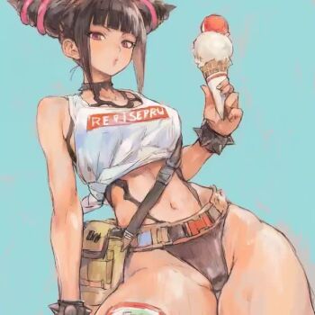 1girl animated bag belt black_hair black_leotard bracelet capcom choker cl10000x english_text food hair_horns han_juri ice_cream ice_cream_cone jewelry leotard navel pink_eyes satchel shirt_tied_around_waist spiked_bracelet spiked_choker spikes street_fighter tagme tank_top thick_thighs thighs video