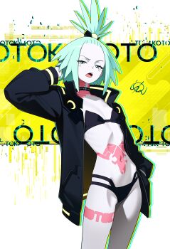 1girl absurdres arm_up artist_name black_bra black_choker black_jacket black_panties body_markings bra choker cosplay cowboy_shot cyberpunk:_edgerunners cyberpunk_(series) flat_chest forehead green_eyes green_hair highres hip_bones jacket looking_at_viewer navel nintendo open_clothes open_jacket open_mouth otokakoto pale_skin panties petite pokemon pokemon_bw2 rebecca_(cyberpunk) rebecca_(cyberpunk)_(cosplay) ribs roxie_(pokemon) solo stomach underwear v-shaped_eyebrows