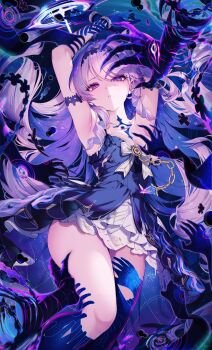 1girl absurdres armpits arms_up breasts colored_extremities colored_inner_hair commentary_request denia_(wuthering_waves) dress highres kat_(bu-kunn) long_hair looking_at_viewer multicolored_hair parted_lips partial_commentary pink_hair purple_dress purple_eyes purple_hair shadow_hands small_breasts solo surrounded_by_hands wuthering_waves