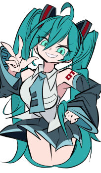 1girl ahoge aqua_eyes aqua_hair bare_shoulders black_skirt breasts commentary cxdotchison detached_sleeves grey_shirt hair_between_eyes hatsune_miku highres long_hair looking_at_viewer miku_day miniskirt number_tattoo shirt shoulder_tattoo simple_background skirt sleeveless sleeveless_shirt smile solo tattoo twintails v vocaloid white_background