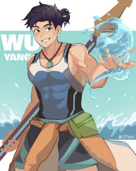 Rule 34 | 1boy, artist name, asymmetrical gloves, bare shoulders, belt, black hair, black shorts, blue belt, blue tank top, bodysuit, brown eyes, character name, clothes around waist, collarbone, covered abs, covered pectorals, earrings, elbow gloves, fingerless gloves, gloves, hair bun, highres, holding, holding behind back, holding polearm, holding weapon, holding weapon behind back, hydrokinesis, jade (gemstone), jewelry, male focus, necklace, overwatch, pectorals, pelvic curtain, pendant, polearm, pouch, rectangular earrings, shorts, sidepec, simple background, single earring, single elbow glove, sleeveless, sleeveless bodysuit, tank top, tight clothes, toned, toned male, topknot, uneven gloves, user mtwp7388, water, weapon, wuyang (overwatch), yaopei
