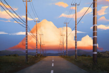 Rule 34 | artist name, blue sky, cloud, commentary, english commentary, evening, grass, highres, landscape, mountainous horizon, no humans, orange clouds, original, power lines, procreate (medium), rajawat, road, scenery, sky, utility pole