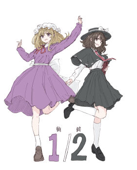 2girls absurdres ankle_socks back_bow black_capelet black_hat black_shoes black_skirt blonde_hair book bow brown_eyes brown_hair brown_shoes capelet collared_dress collared_shirt commentary_request contrast_collar dress foot_up_heel_up full_body hat hat_bow highres holding holding_book kashiwada_kiiho kneehighs loafers long_sleeves maribel_hearn medium_hair mob_cap multiple_girls neck_ribbon necktie open_mouth partial_commentary purple_dress purple_eyes red_necktie red_ribbon ribbon ribbon-trimmed_capelet ribbon_trim shirt shirt_tucked_in shoes simple_background skirt socks standing standing_on_one_leg touhou translation_request turning_head usami_renko white_background white_bow white_hat white_shirt white_socks