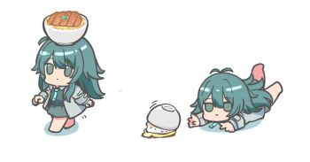 Rule 34 | 1girl, antenna hair, barefoot, black shirt, black skirt, bowl, chibi, closed mouth, collared shirt, commentary request, empty eyes, gakuen idolmaster, green eyes, green hair, grey jacket, hair between eyes, idolmaster, jacket, katsudon (food), kawamochi (kawauti919), long hair, long sleeves, on head, open clothes, open jacket, shadow, shirt, simple background, skirt, tripping, tsukimura temari, very long hair, walking, white background