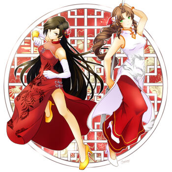 2girls 3mame_000_185 aerith_gainsborough bare_shoulders bead_bracelet beads black_hair bracelet braid braided_ponytail breasts brown_eyes brown_hair china_dress chinese_clothes clenched_hands dress earrings elbow_gloves fighting_stance final_fantasy final_fantasy_vii full_body gloves green_eyes hair_ornament hair_ribbon holding holding_staff jewelry long_hair mandarin_collar medium_breasts multiple_girls official_alternate_costume parted_bangs pump red_dress red_ribbon red_skirt ribbon shoes side_slit sidelocks skirt skirt_under_dress sleeveless sleeveless_dress staff swept_bangs tifa_lockhart wavy_hair white_dress white_footwear white_gloves yellow_shoes